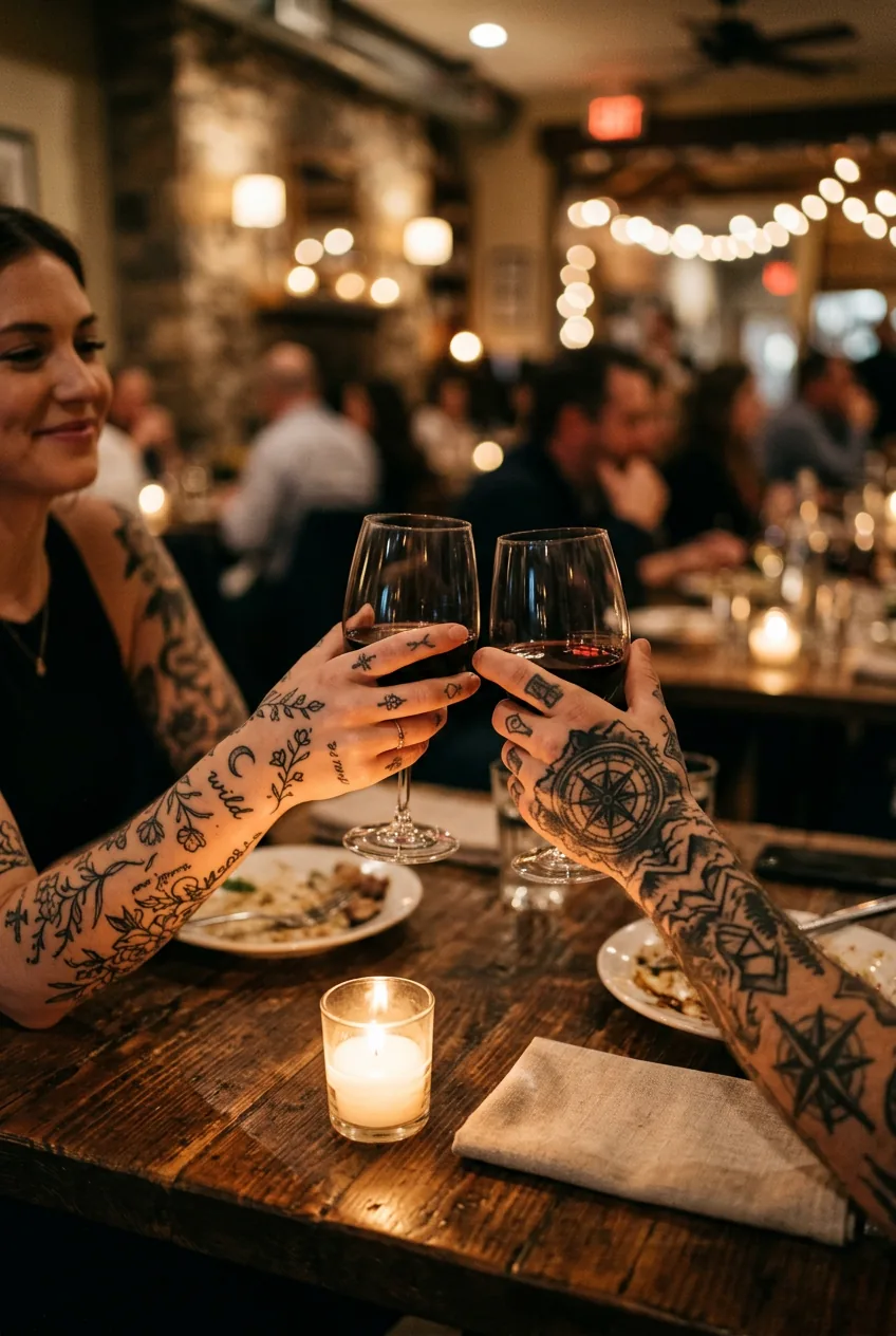 Delicate wrist tattoos catching candlelight as tattooed hands hold wine glass during romantic dinner
