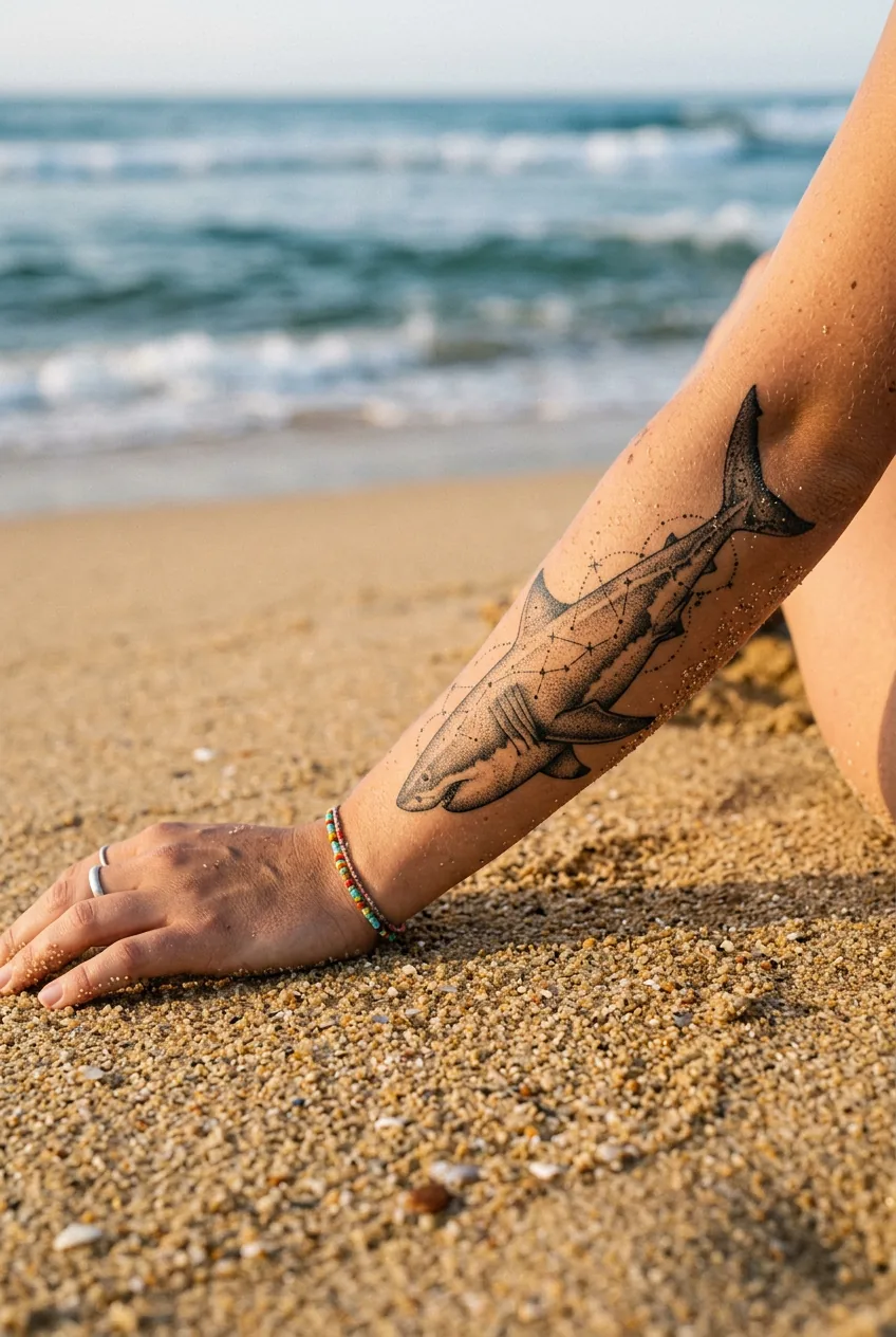 Woman's forearm on golden sand showing a stippled dotwork shark tattoo with fine constellation lines running through the body