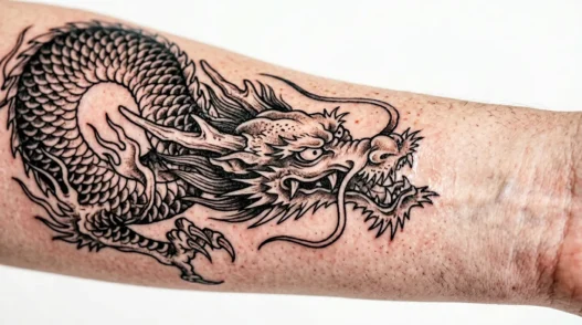 Close-up of fresh dragon tattoo on women's skin showing detailed linework and vibrant colors