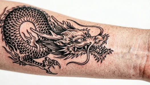 Close-up of fresh dragon tattoo on women's skin showing detailed linework and vibrant colors