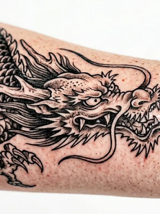 Close-up of fresh dragon tattoo on women's skin showing detailed linework and vibrant colors