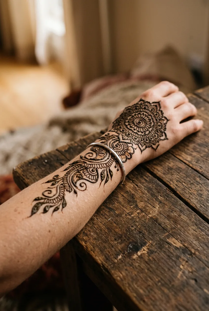 Close-up of a woman's arm showing a dried and cracking henna mandala vine design in warm ambient light