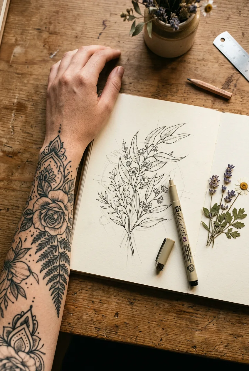 Overhead flat lay of tattooed forearm beside open sketchbook showing an elegant botanical tattoo design in progress with pencil guidelines