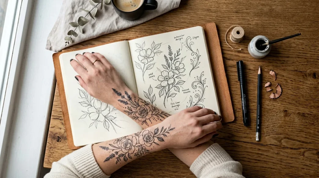 Overhead flat lay of open tattoo sketchbook beside a woman's forearm with a delicate floral elegant tattoo on warm wood surface