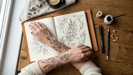 Overhead flat lay of open tattoo sketchbook beside a woman's forearm with a delicate floral elegant tattoo on warm wood surface