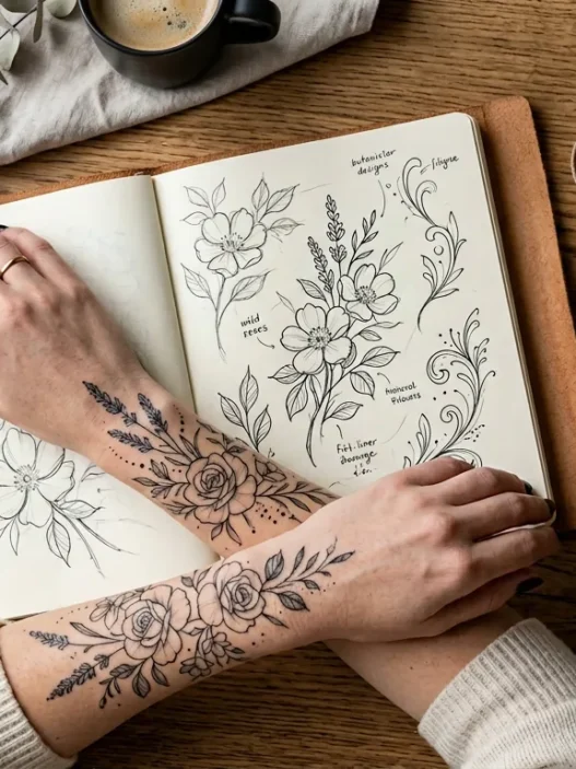 Overhead flat lay of open tattoo sketchbook beside a woman's forearm with a delicate floral elegant tattoo on warm wood surface