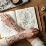 Overhead flat lay of open tattoo sketchbook beside a woman's forearm with a delicate floral elegant tattoo on warm wood surface