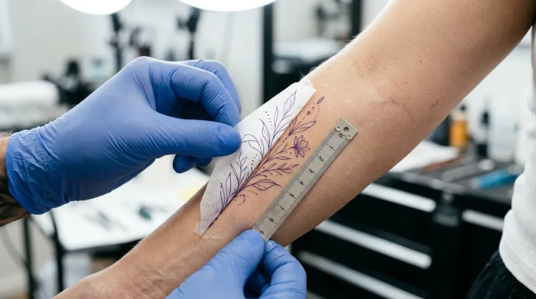 Tattoo artist positioning a fine-line stencil on a woman's outer forearm with a tape measure visible in bright studio