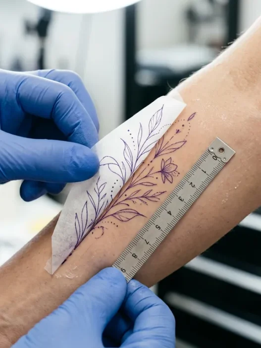 Tattoo artist positioning a fine-line stencil on a woman's outer forearm with a tape measure visible in bright studio