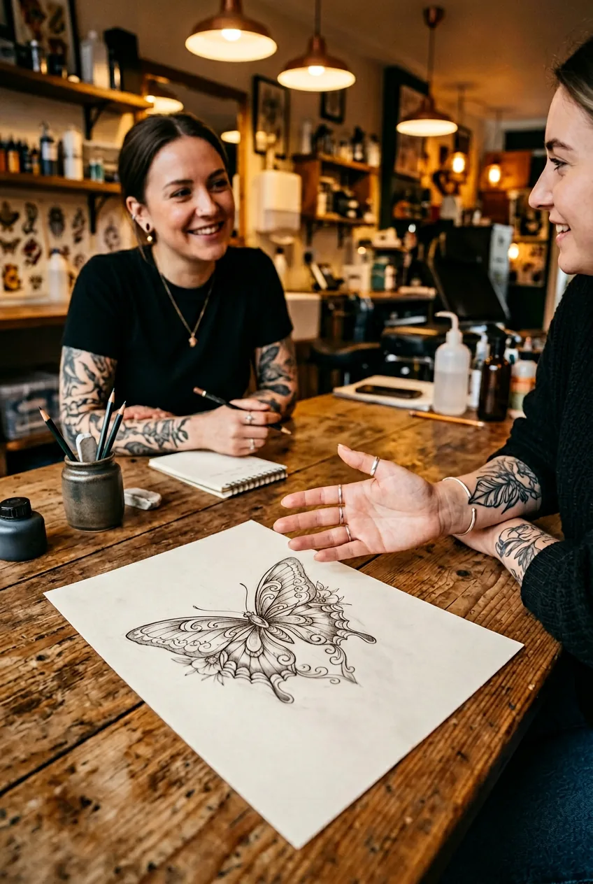 Final butterfly tattoo design sketch on table with woman's satisfied hand gesture showing approval