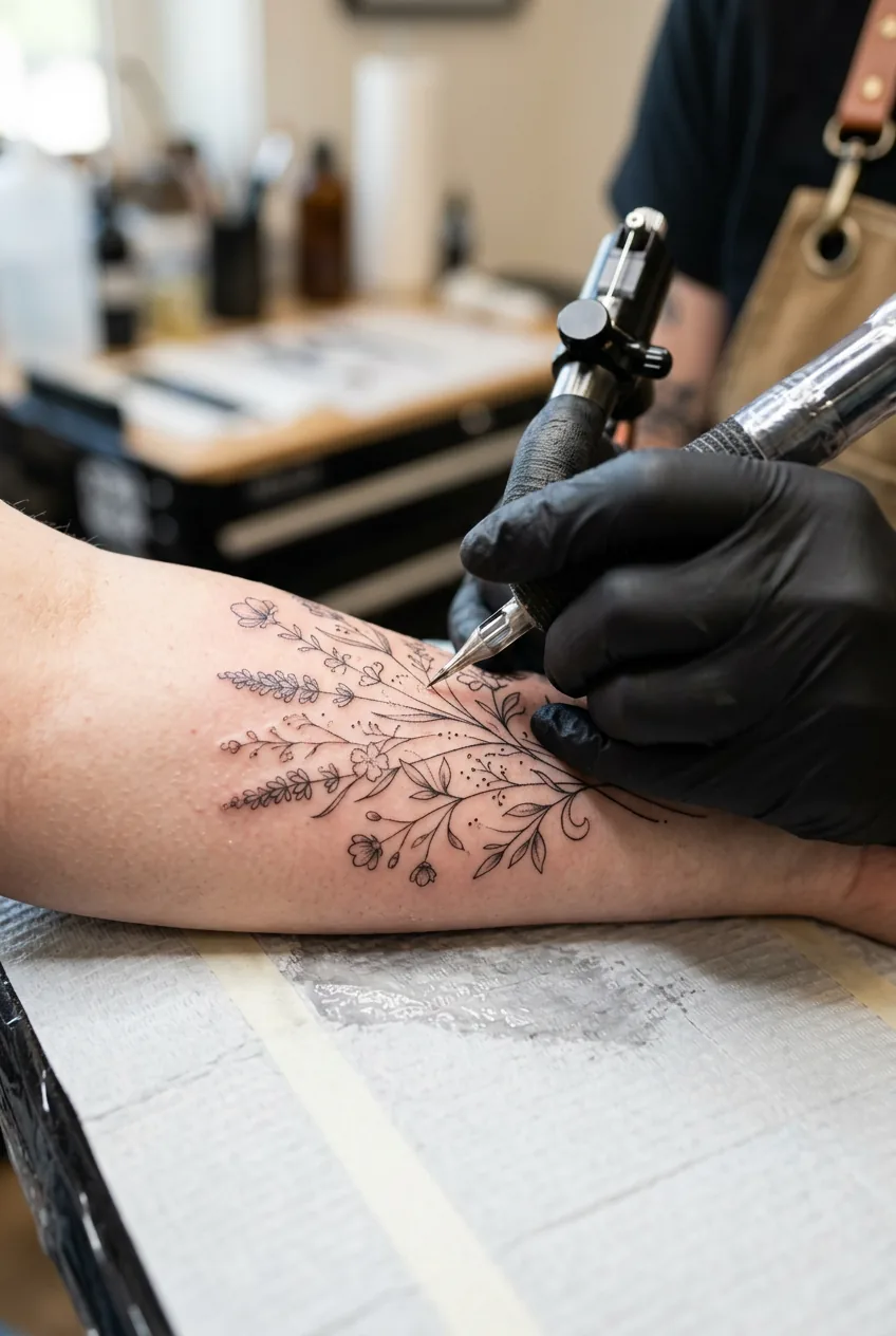 Artist creating hair-thin botanical fine-line tattoo lines on a woman's outer forearm under bright studio lighting