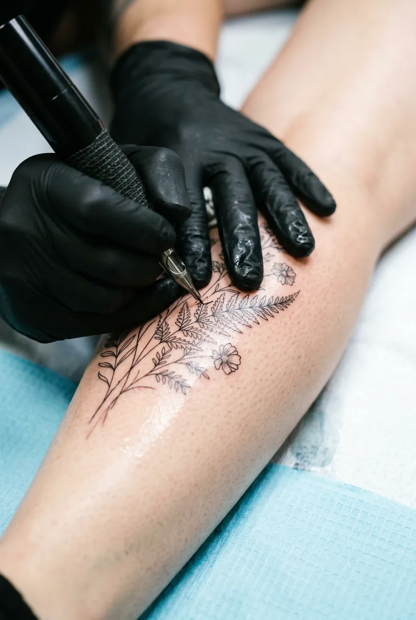 Tattoo artist applying delicate single-needle botanical fine-line work on a woman's calf in bright clinical lighting