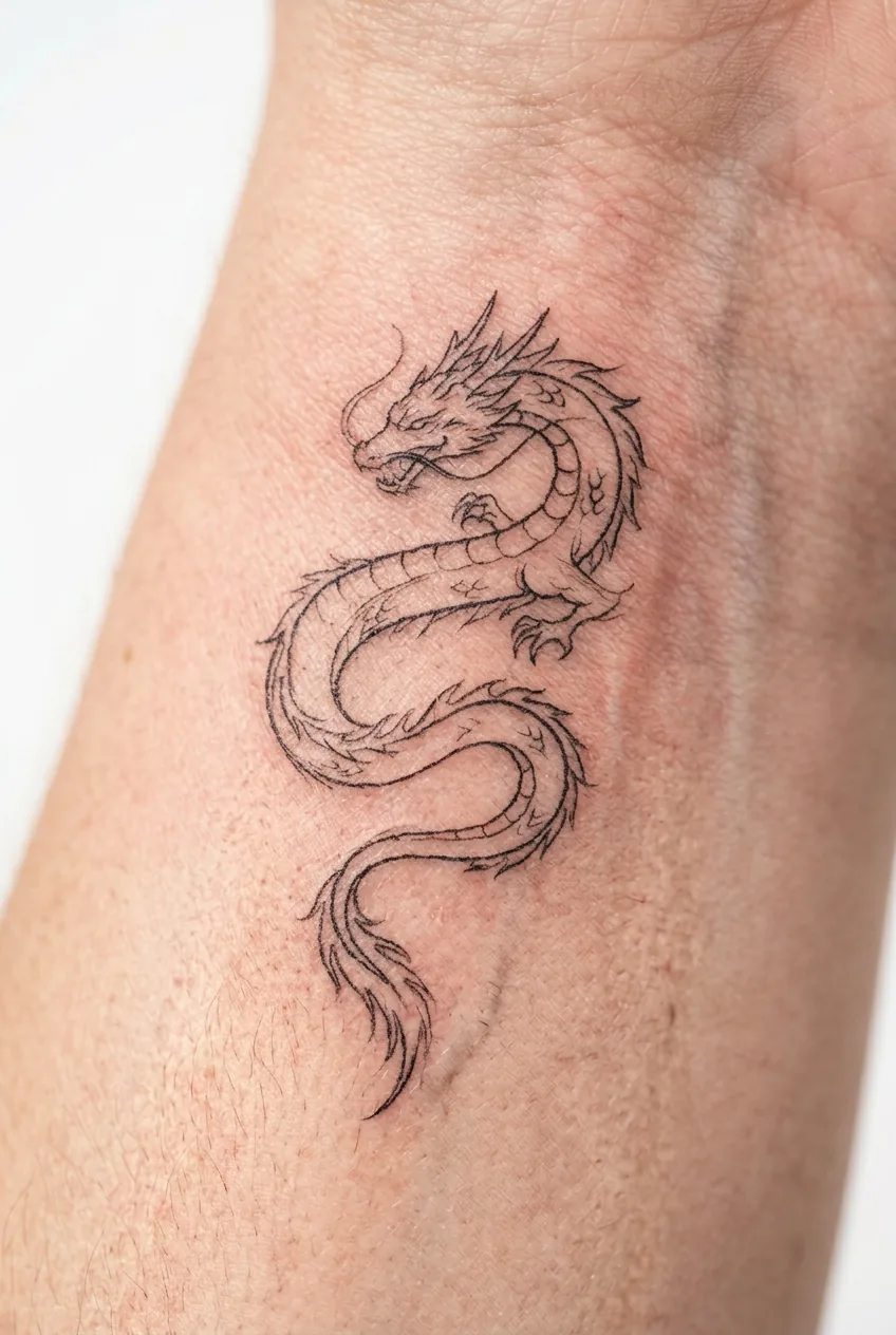 Fine line dragon tattoo on inner wrist showing delicate single needle work with minimal sketch-like details