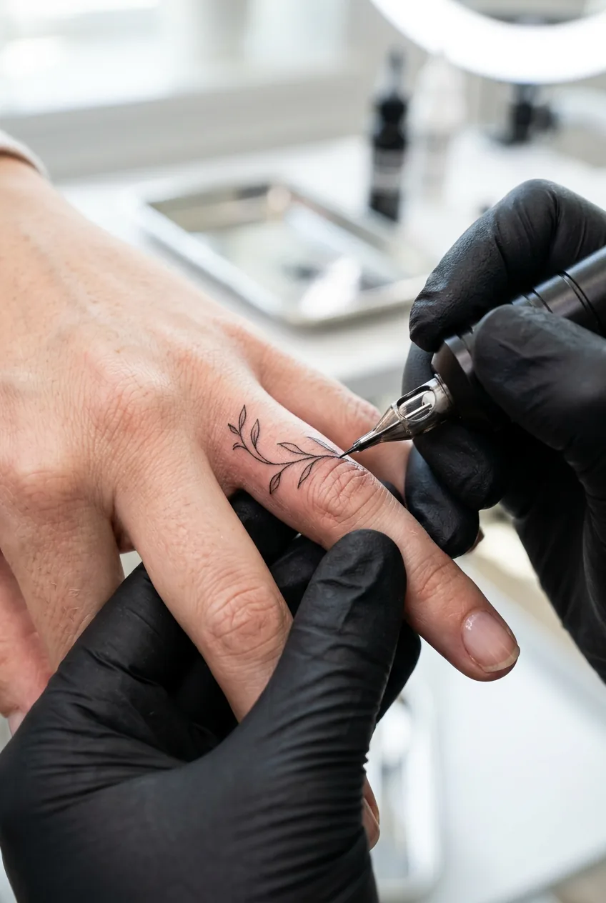 Fine-line botanical finger tattoo being created with single needle on a woman's ring finger in bright studio