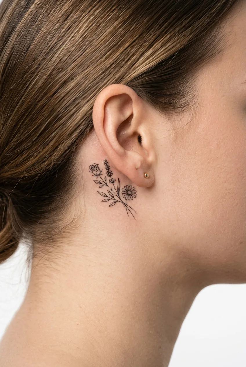 Fine line floral tattoo behind woman's ear showing small flower design and placement