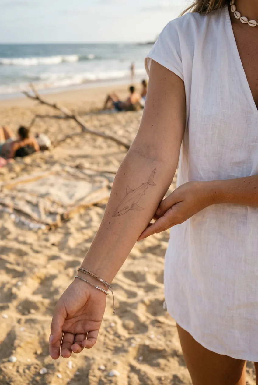 Woman's inner forearm held up at beach displaying an ultra-fine-line ghost shark tattoo in subtle translucent grey ink