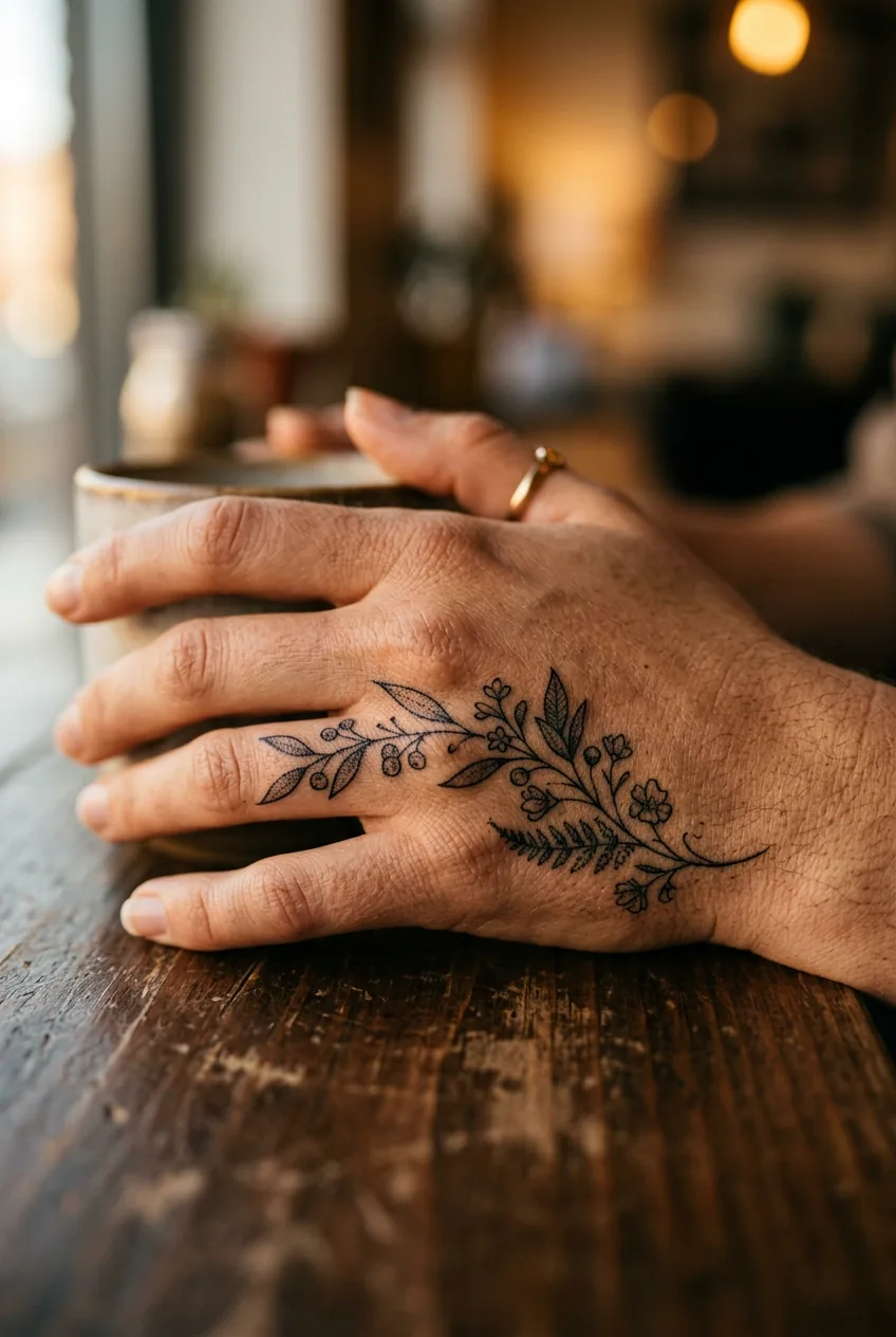 Extreme macro close-up of a woman's hand with botanical fine line tattoo, knuckles slightly bent under golden café light