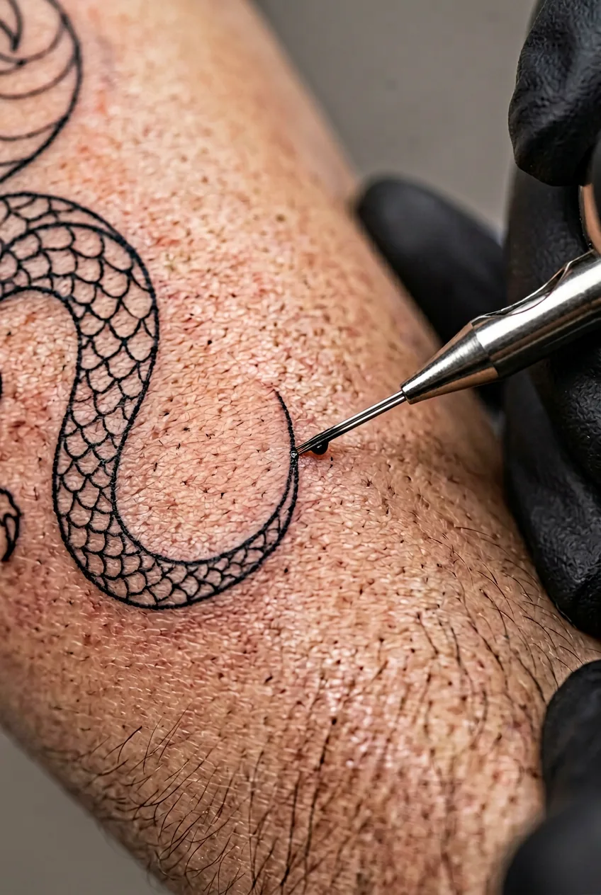 Extreme close-up of a single tattoo needle depositing black ink into skin creating a curved scale outline on a woman's forearm