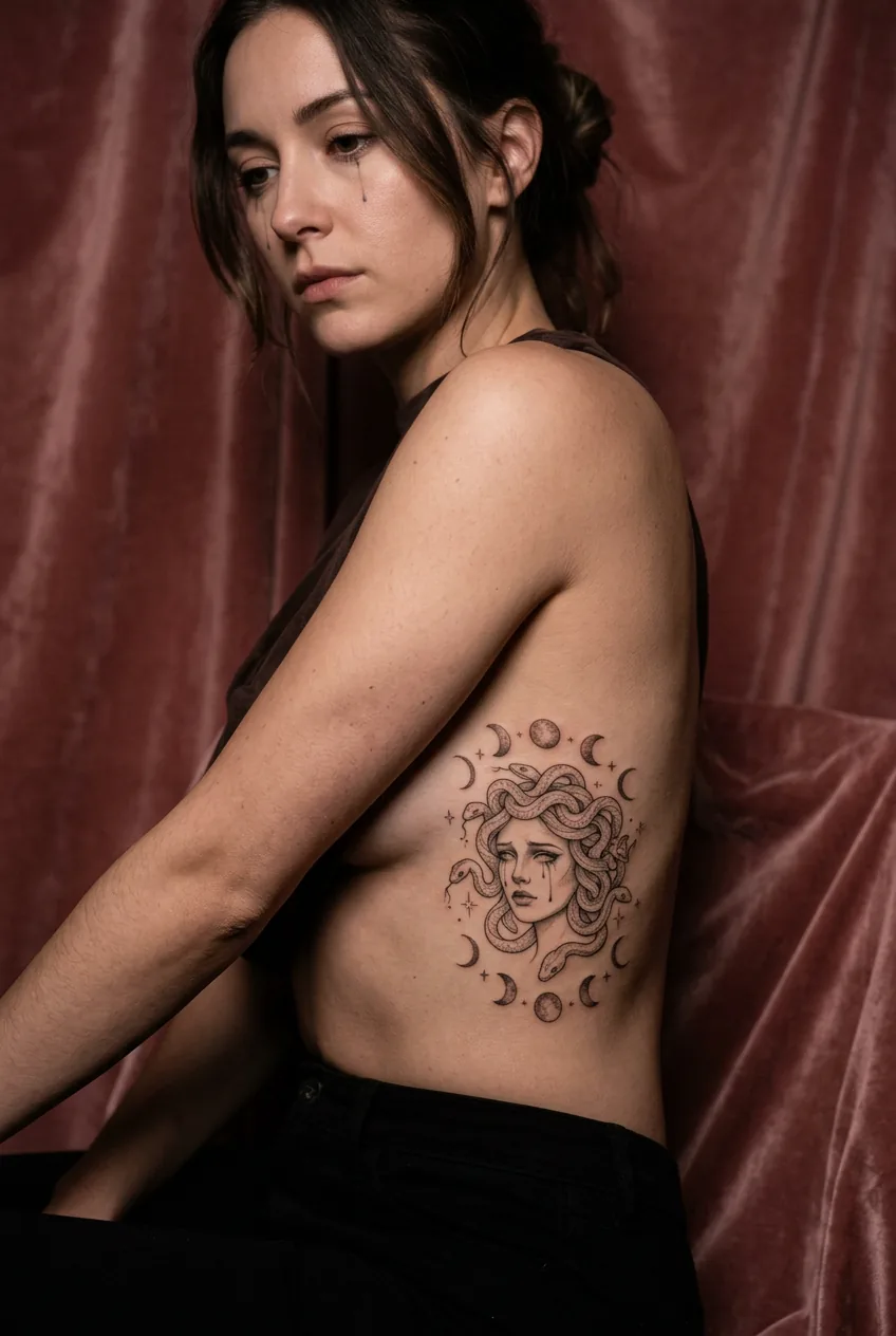 Fine line Medusa portrait with crescent moons and gentle snakes on ribcage area against dusty rose velvet fabric