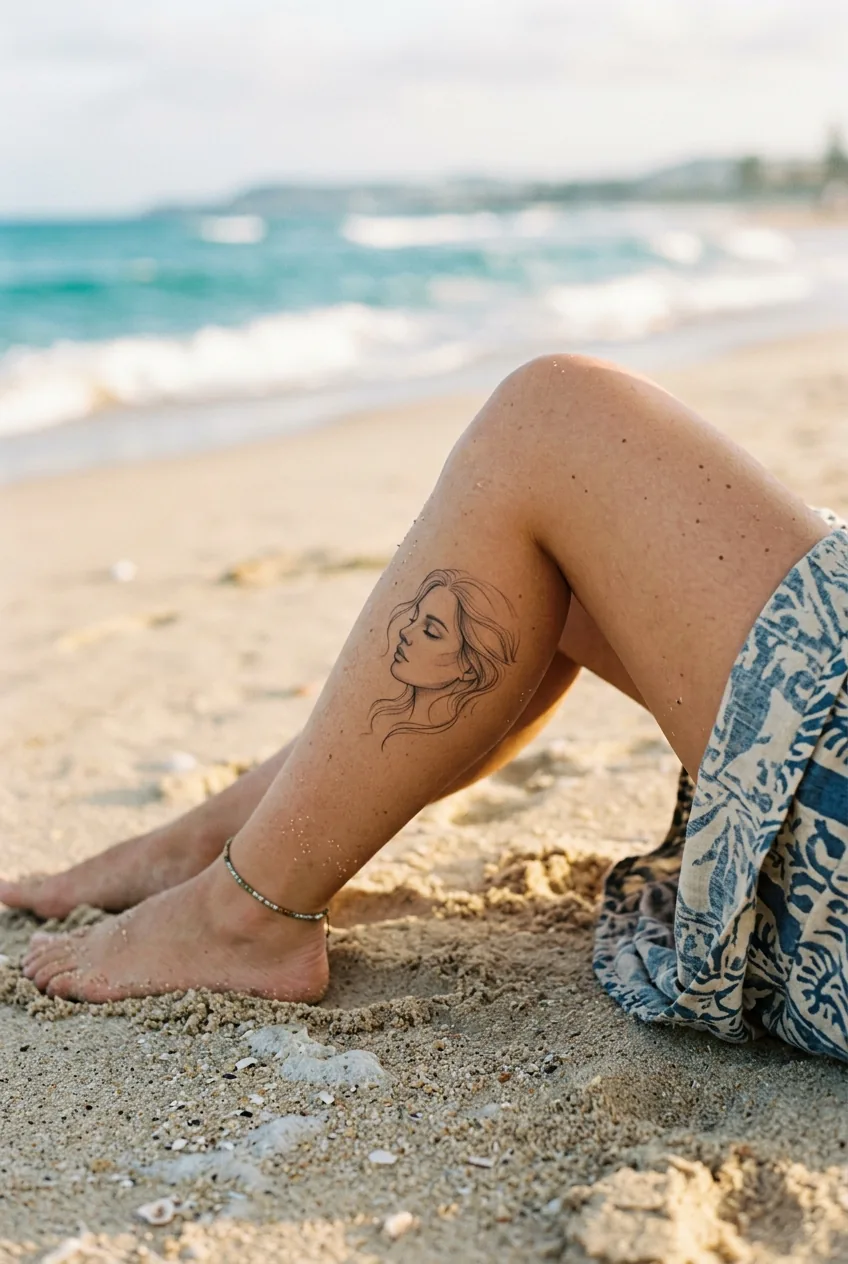 Delicate fine-line portrait tattoo on a woman's inner upper calf in soft diffused coastal afternoon light on a sandy beach