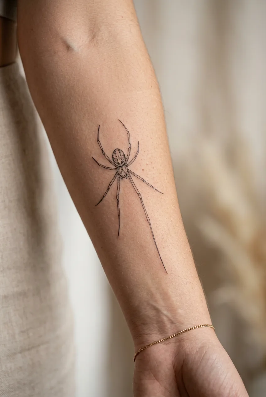 Woman's forearm displaying a fine line spider tattoo with one elongated leg extending toward the wrist in macro detail