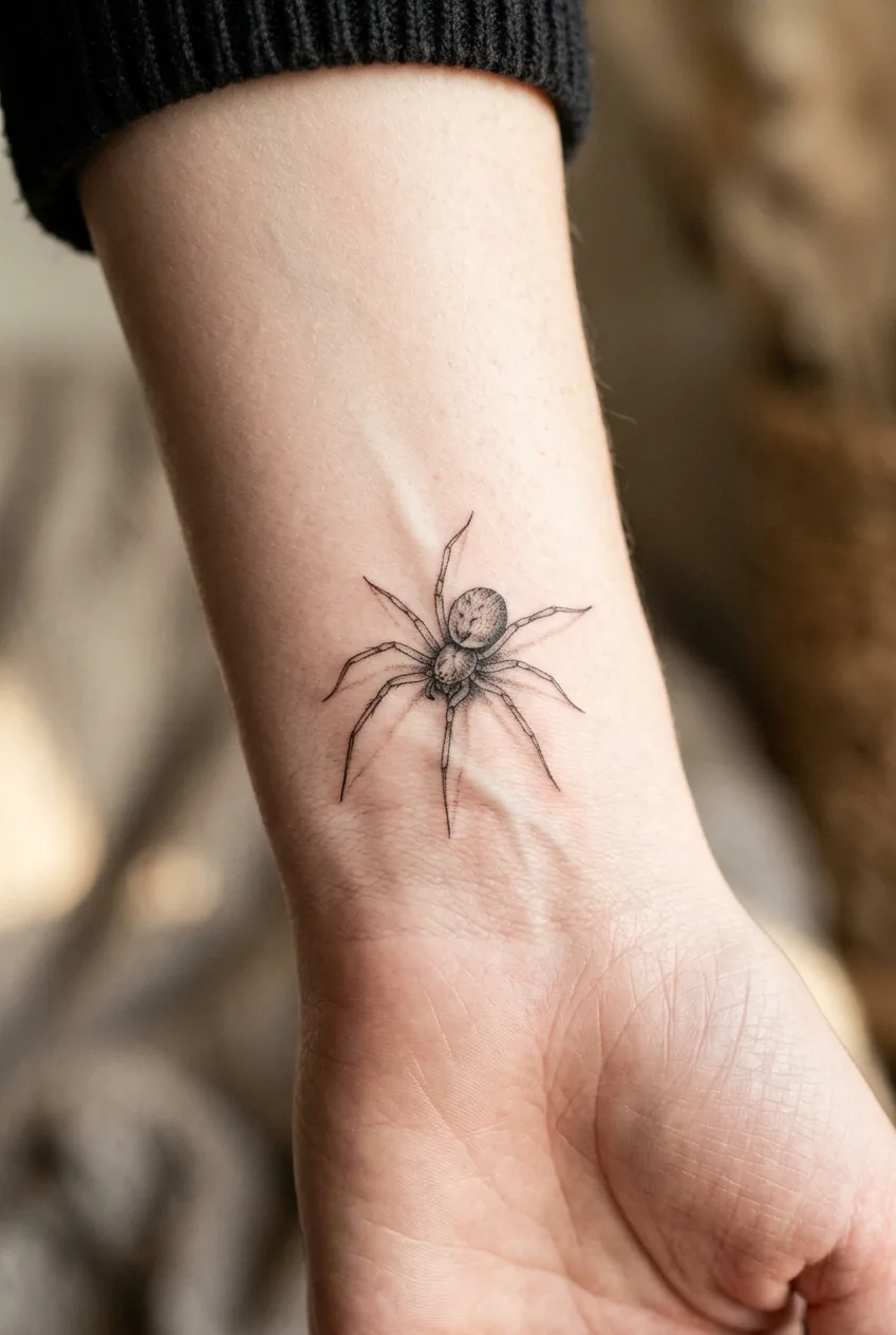 Close-up of a fine line spider tattoo on a woman's inner wrist showing hair-thin linework and subtle shading on pale skin