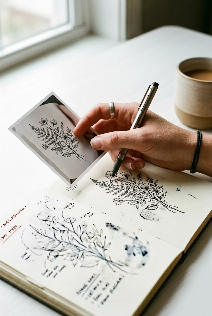 Woman's hand holding printed tattoo reference images beside a notebook with design sketches on a white desk