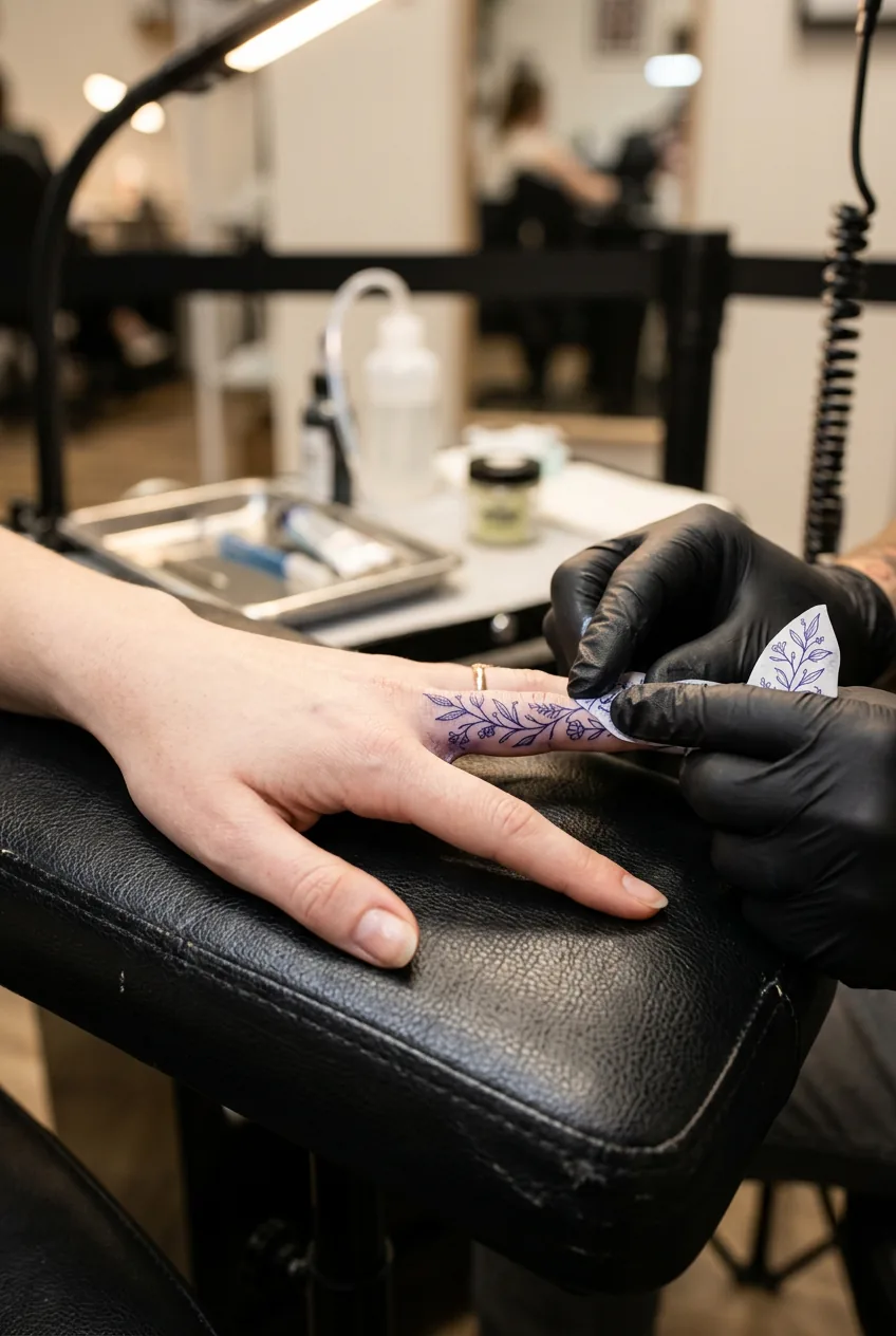 Tattoo artist applying blue stencil transfer to the side of a woman's finger on a padded black armrest