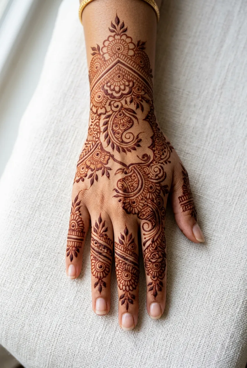 Finished reddish-brown henna floral vine design on the back of a woman's hand resting on white linen
