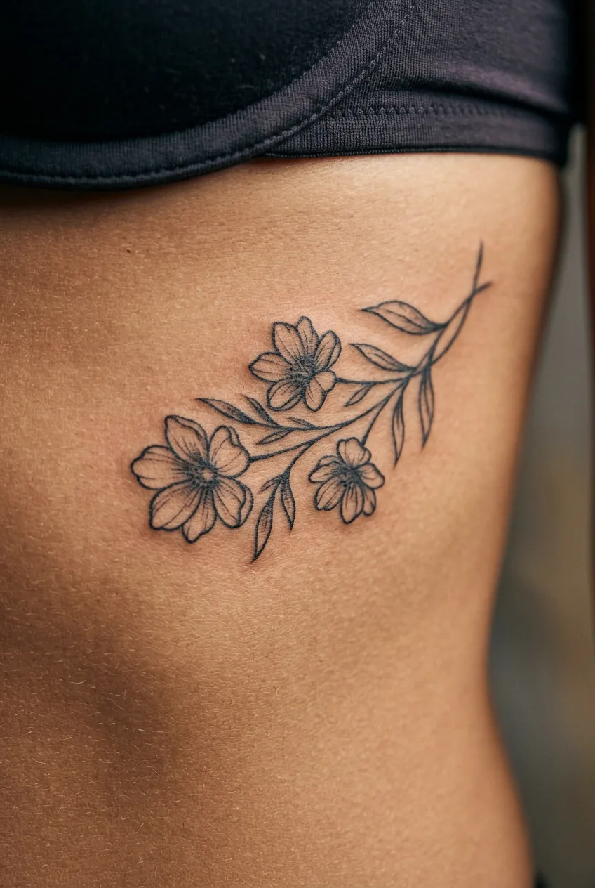 Small three-bloom floral tattoo on woman's ribcage below bra line with stem and petal line work following body curve