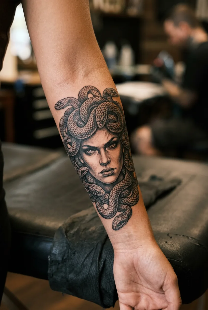 Close-up of Medusa forearm tattoo displaying confident gaze and detailed snake scales with natural arm positioning