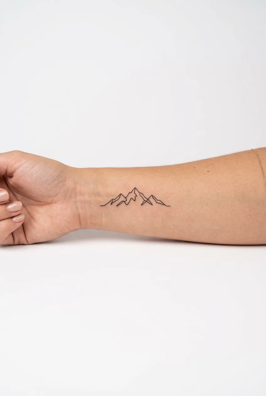 Woman's forearm displaying single continuous line mountain range silhouette tattoo in minimalist style
