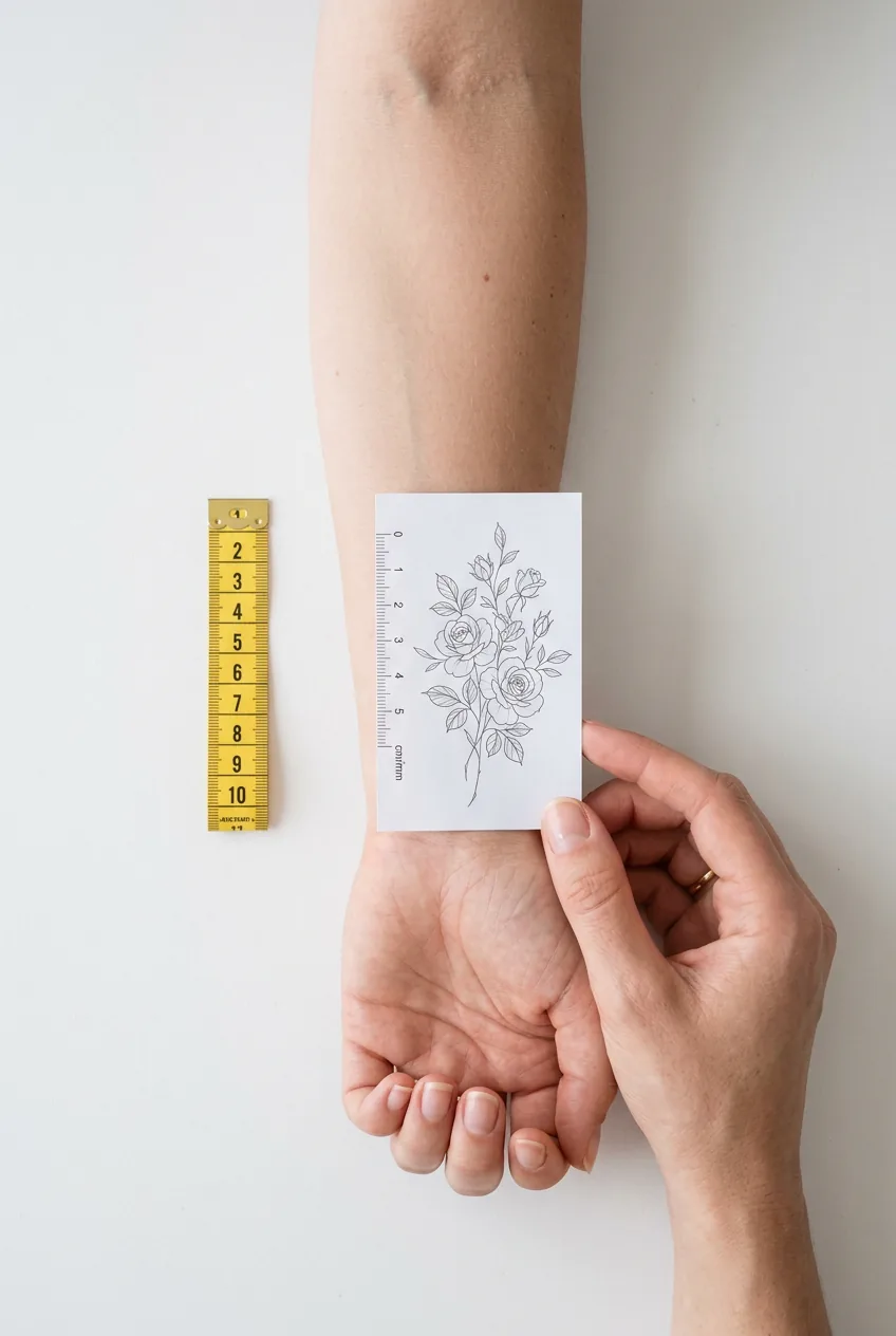 Woman's forearm holding a printed scale design reference alongside a tape measure on a white studio surface