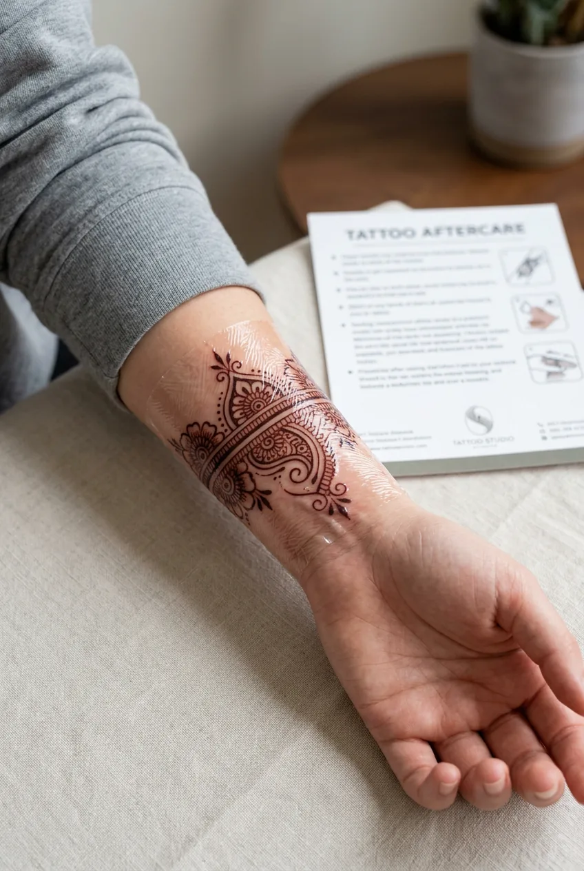 Fresh henna-style wrist tattoo covered with clear protective film showing delicate paisley and dot design