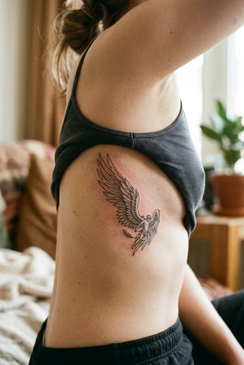 Close up of fresh Icarus wing tattoo on woman's ribcage showing delicate black line work and feather details