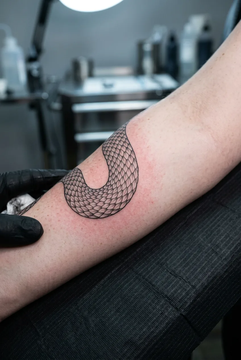 Macro close-up of a freshly completed snake scale tattoo section on a woman's inner forearm with slight redness around fine black lines