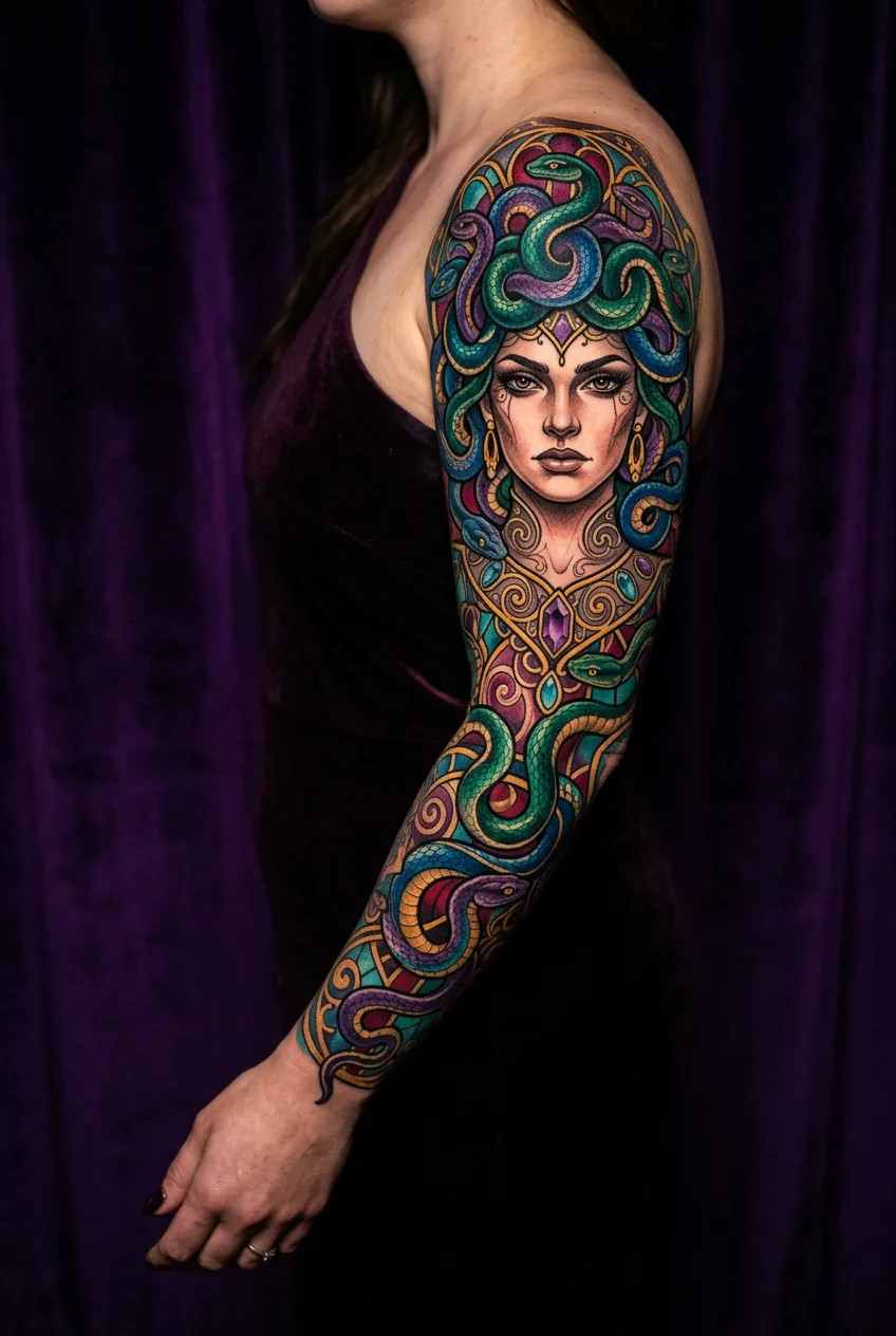 Bold full color neo-traditional Medusa sleeve tattoo with jewel-toned snakes displayed against deep violet velvet