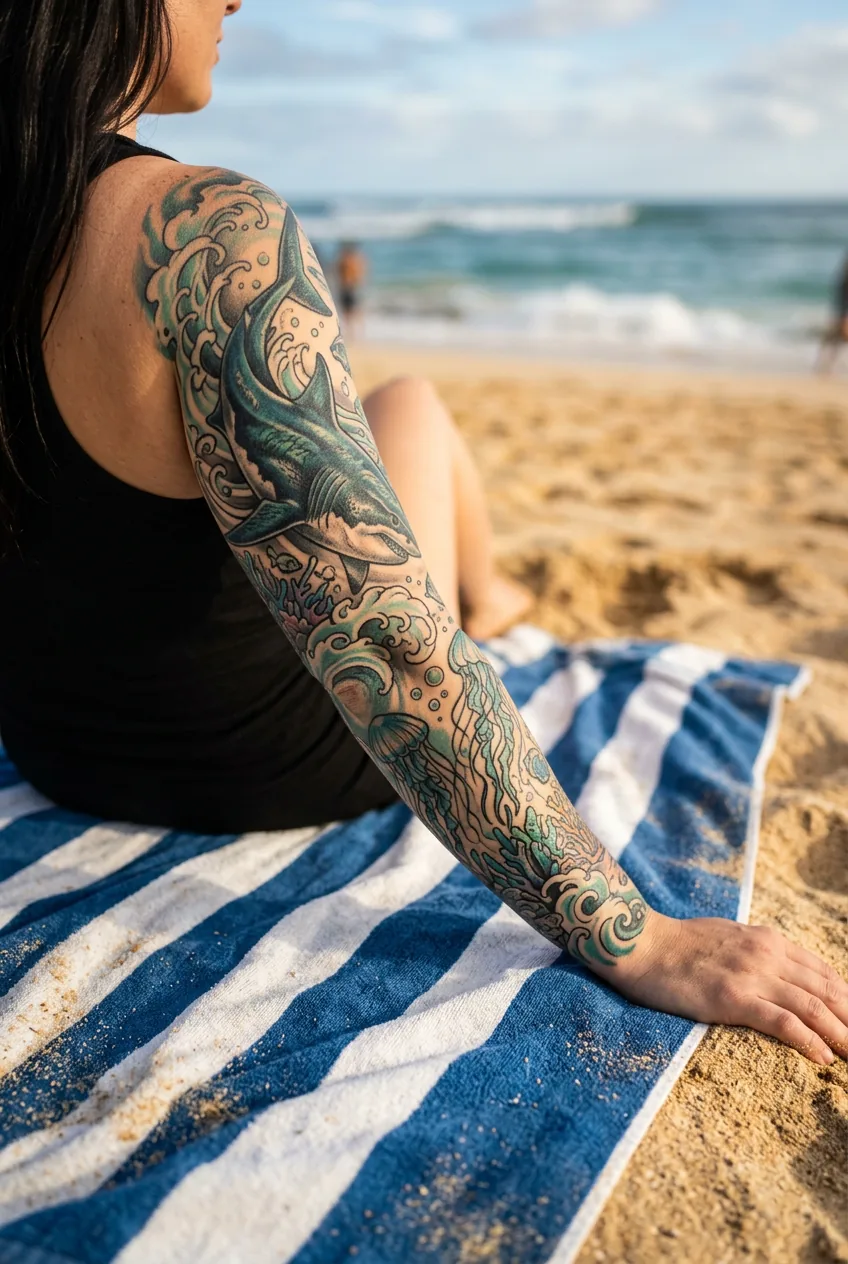 Woman's fully tattooed arm and shoulder on beach towel showing a complete ocean sleeve with a central shark surrounded by jellyfish and coral