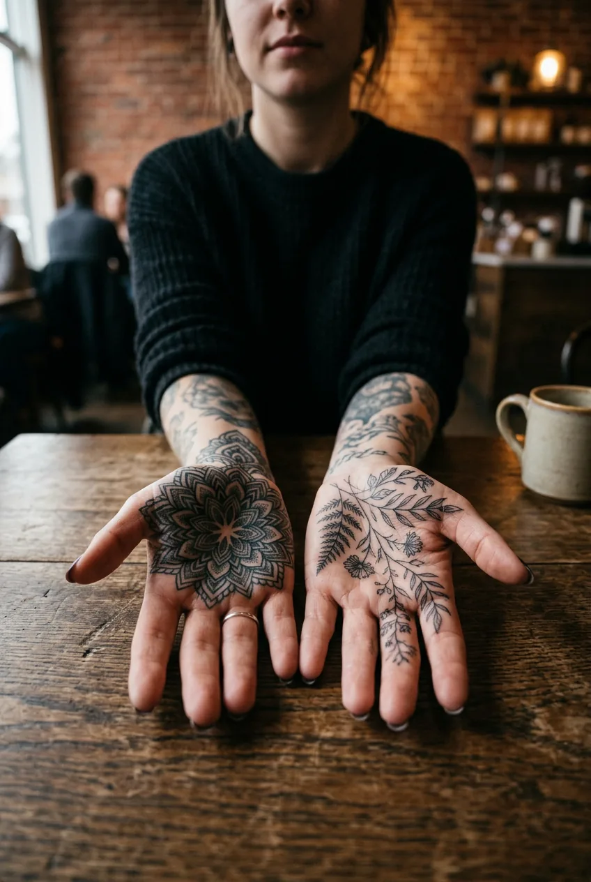 Both of a woman's tattooed hands resting open on a café table showing geometric and botanical hand tattoo designs