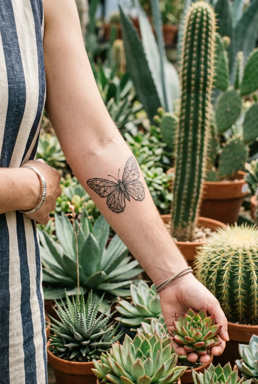 Woman's forearm showing a precise geometric butterfly tattoo in black lines beside architectural succulents in bright garden light