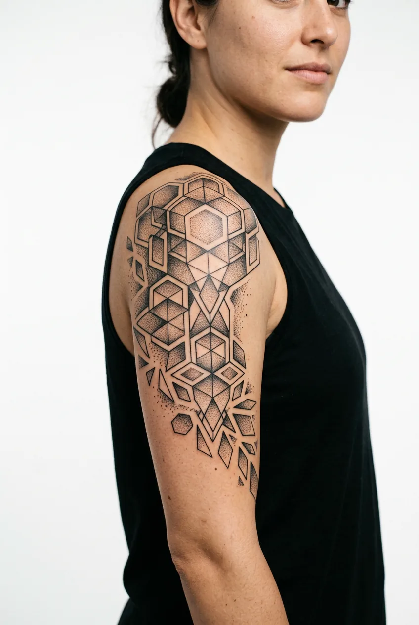 Woman displaying geometric shapes cascading from shoulder to upper arm in mathematical patterns