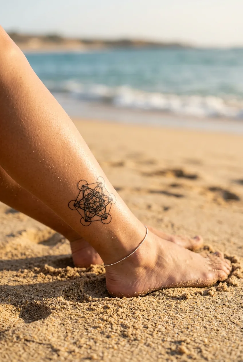 Small precise geometric sacred geometry tattoo on a woman's lower outer calf above the ankle on warm golden sand