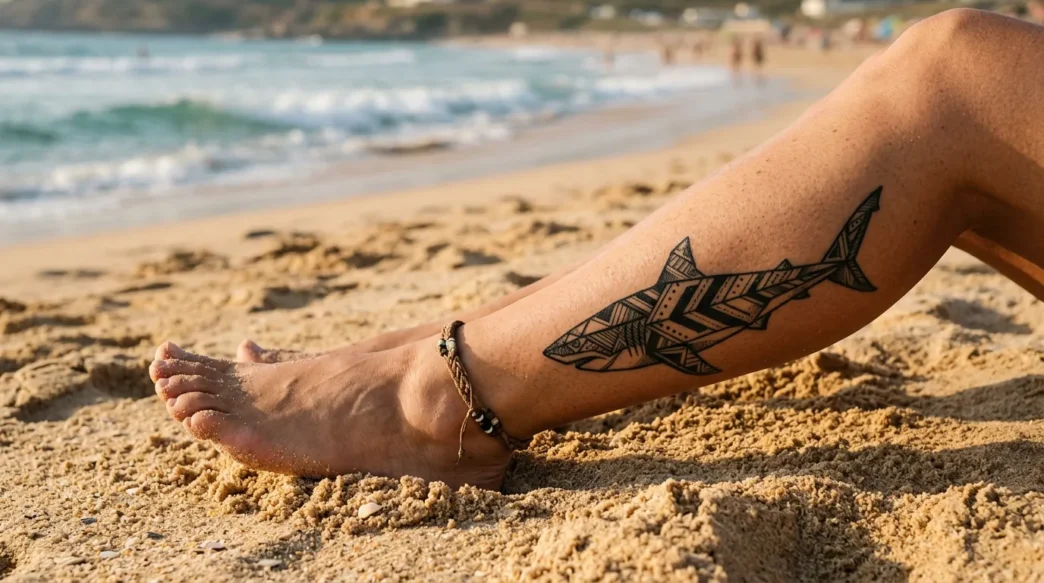 Woman's sun-kissed ankle on golden beach sand showing a bold geometric black ink shark tattoo with soft ocean blur in background