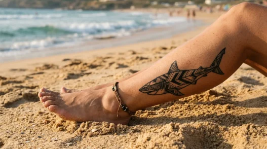 Woman's sun-kissed ankle on golden beach sand showing a bold geometric black ink shark tattoo with soft ocean blur in background