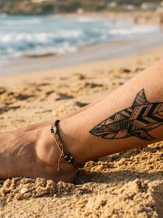 Woman's sun-kissed ankle on golden beach sand showing a bold geometric black ink shark tattoo with soft ocean blur in background