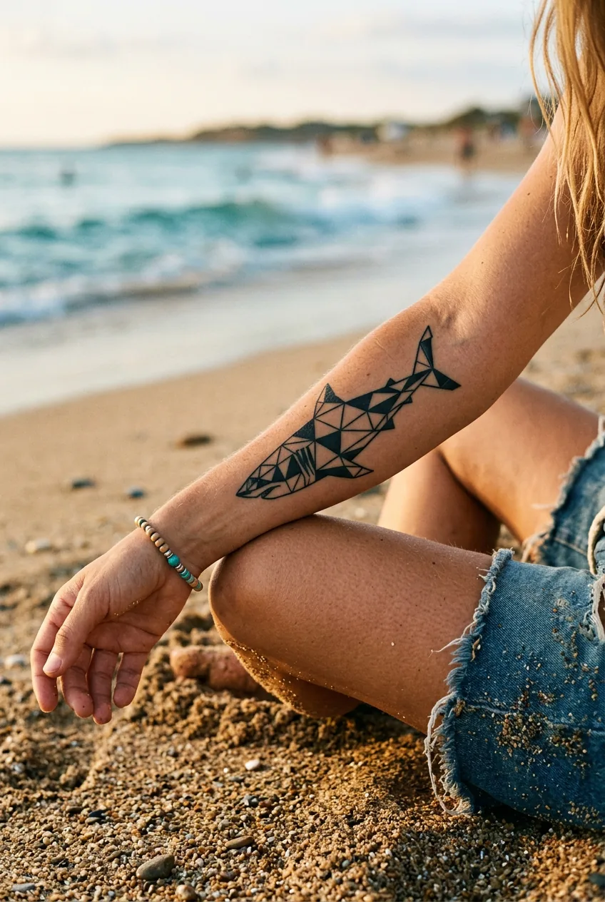 Woman's forearm resting on knee at beach showing a geometric shark tattoo made of interlocking triangles in solid black ink