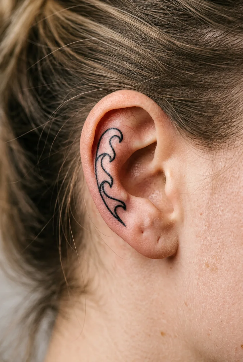 Close-up of small bold geometric wave tattoo behind a woman's ear along the cartilage curve in soft side lighting