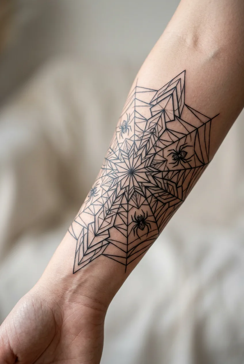 Woman's forearm with an ornate geometric spider web tattoo featuring precise angular lines under diffused studio light