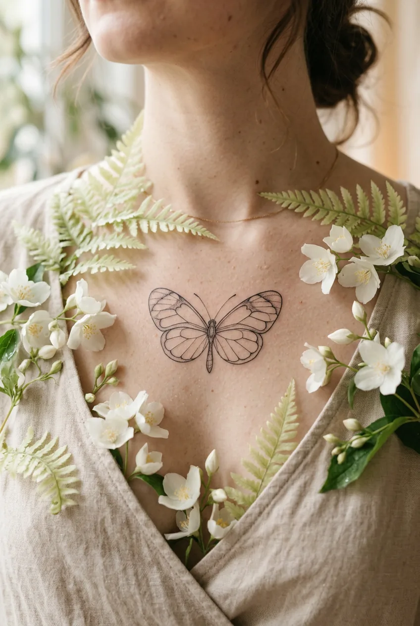 Woman's sternum showing a delicate transparent Glasswing butterfly tattoo in negative-space fine-line beside white jasmine