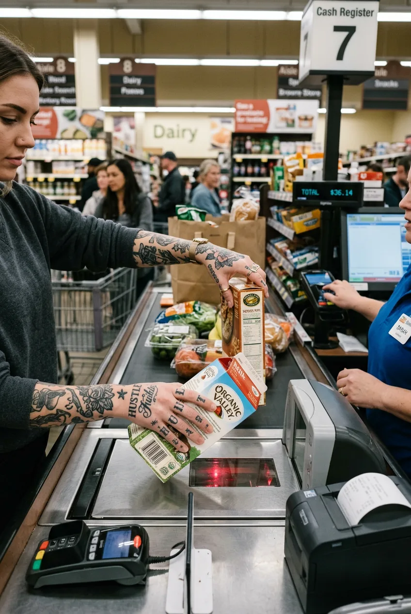 Tattooed hands with script finger tattoos scanning items at grocery store checkout counter
